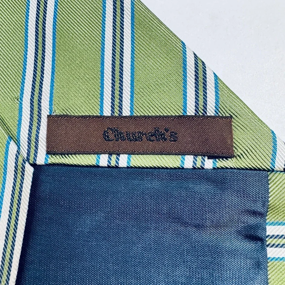 Churchs‎ Tie Green Blue White Diagonal Striped Classic Necktie Preppy Wedding